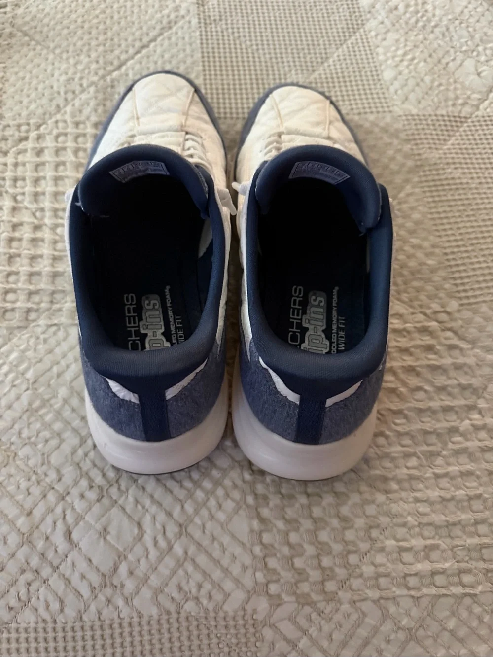Skechers Women’s Cozy Fit Quilted Sneakers in White and Navy